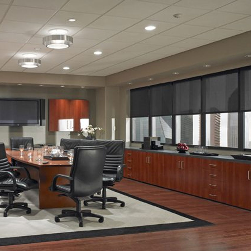 A Conference Room With Black Color Drapes