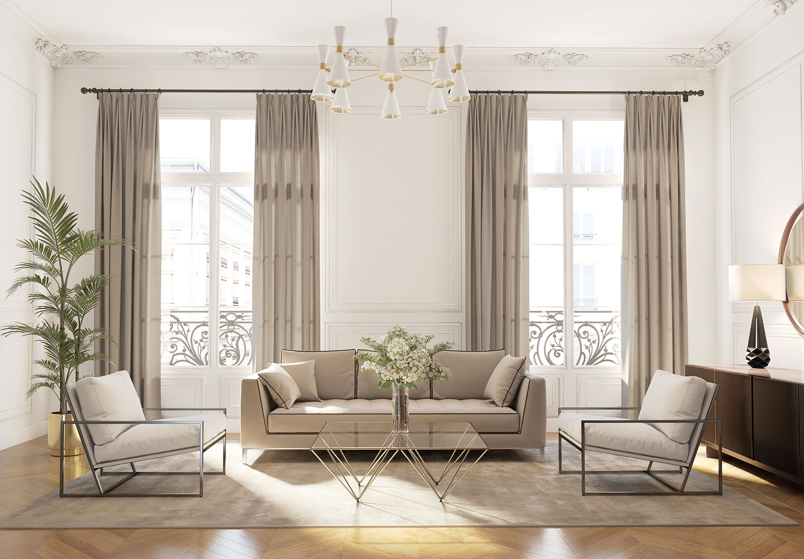 A White Themed Livingroom With Cream Color Curtains